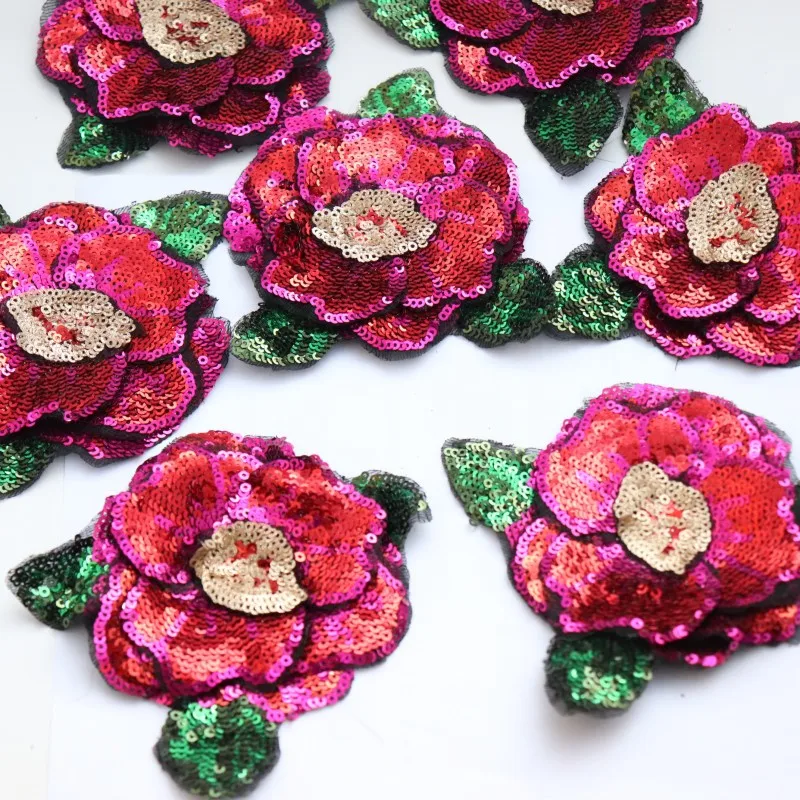 10 Pieces 3D Type Shining Sequins Red Rose Flower Patches Multi-layers DIY Clothes Applique