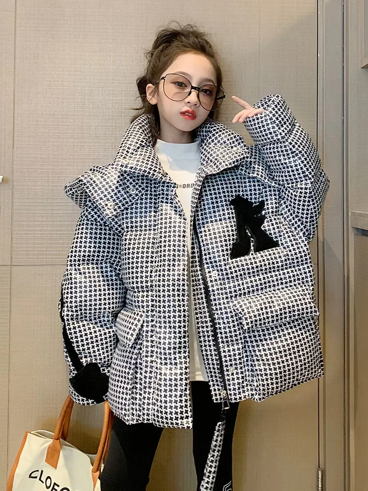 New Winter Plaid Jacket for Girls Hooded Down Cotton Coats Thicken Warm Children Coat Kids Teenage Parkas Outerwear CH16