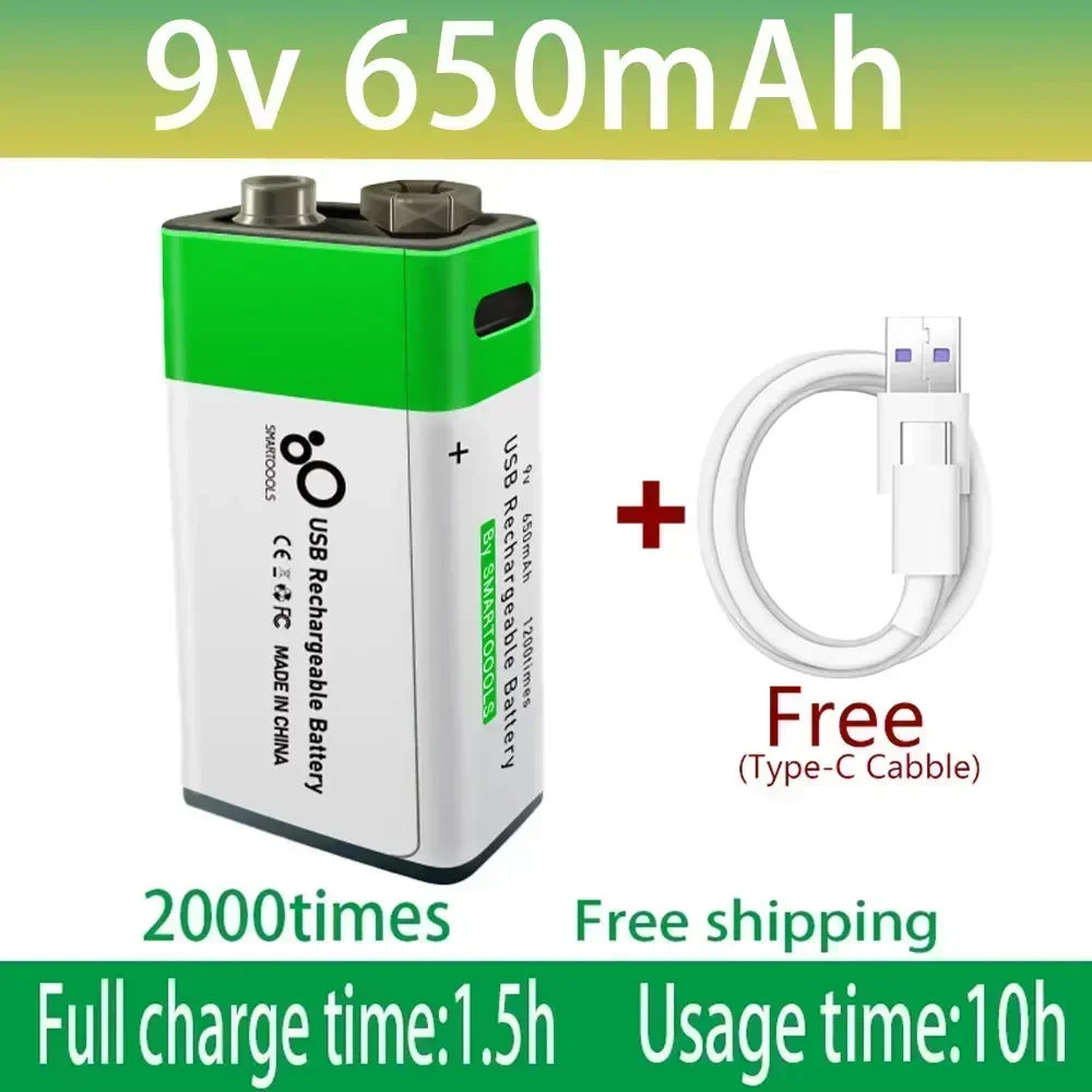 

9V Rechargeable Battery 650mAh 6F22 Micro USB 9v Li-ion Lithium Batteries for Multimeter Microphone Toy Remote Control KTV