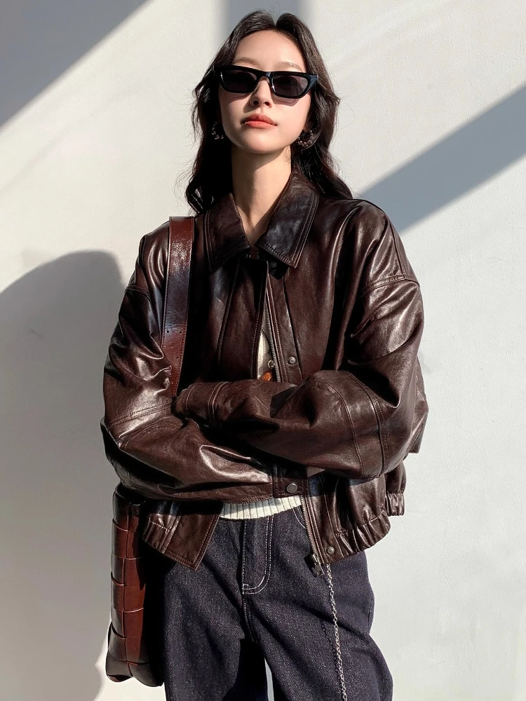 カジュアルショート本革ジャケット レディース 春秋 2025 新作 高級 シンプル 無地 ソフトオイルワックス 本革シープスキンコート