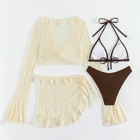 2025 Women Swimsuit Long-sleeve Cover-up Swimwear Sexy Four-piece Summer Solid Bikini Set Brazilian Beachwear Party Bathing Suit - Image 2