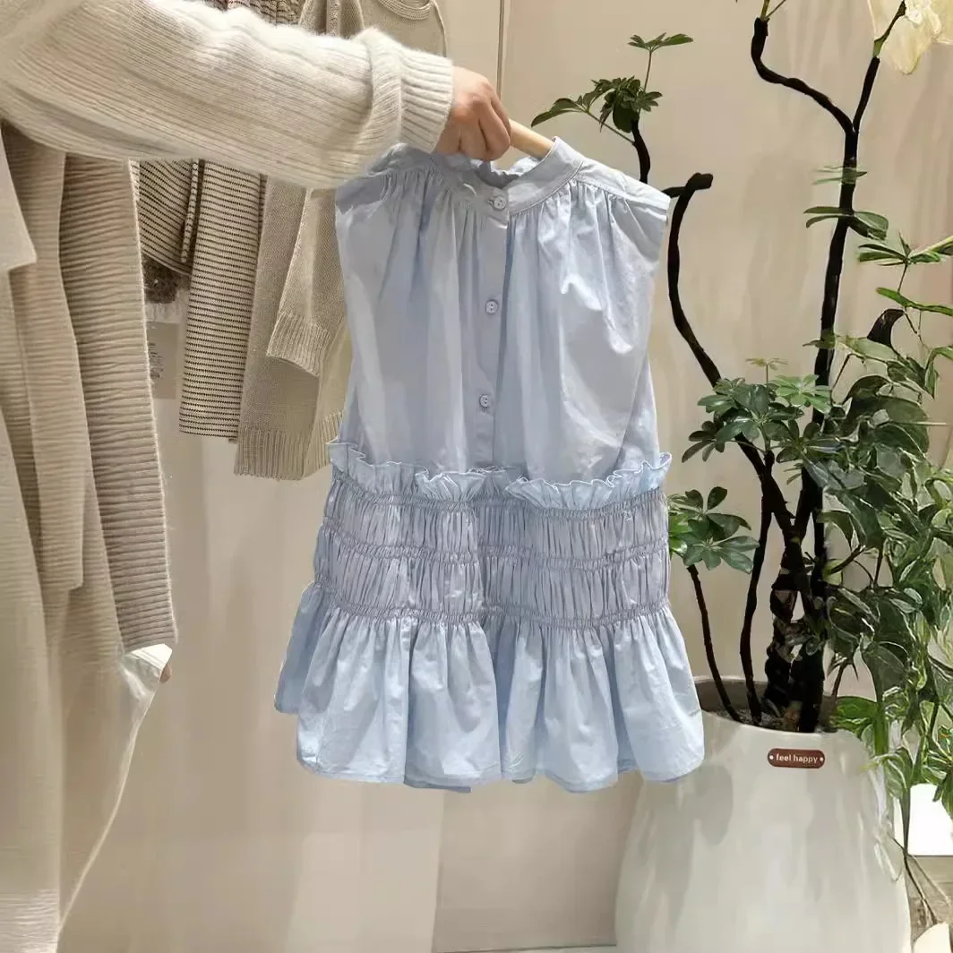 Dziewczęce swobodne sukienki lato nowe dziewczyny koreańska moda bawełniana sukienka z tkaniny odzież dziecięca 2024 guziki plisowana jednolite, luźne