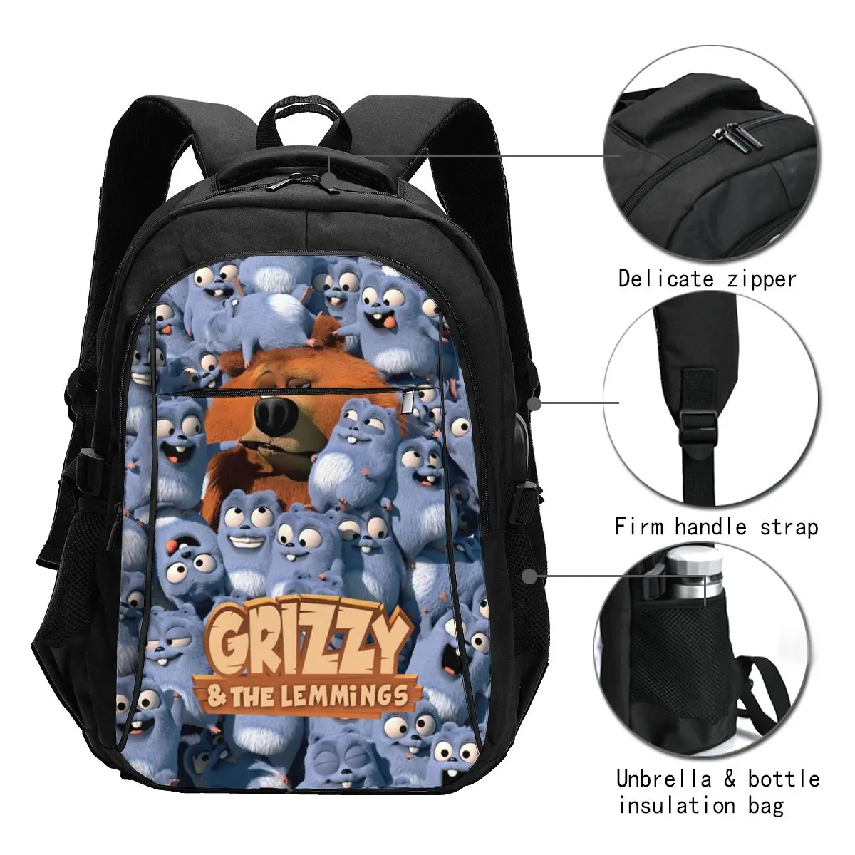 Cartoon Grizzy N Lemmings Travel Laptop Backpack, Business Water Resistant Laptop Backpack with USB Charging Port, College Bag