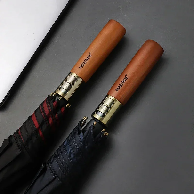 Wooden Handle Long Umbrella Man Woman Windproof Strong 8 Ribs, Automatic Golf Big Umbrella Rain Waterproof Business Style