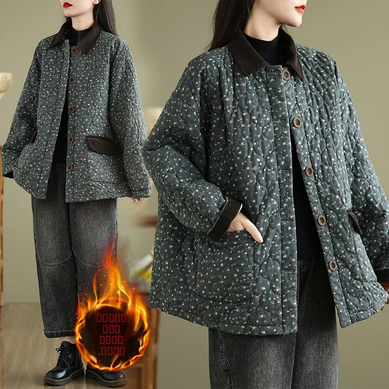 

Retro Floral Print Thiened Cotton Jaet Winter Outerwear Long Sve Collar Single Button Closure Warm Contrast Color...