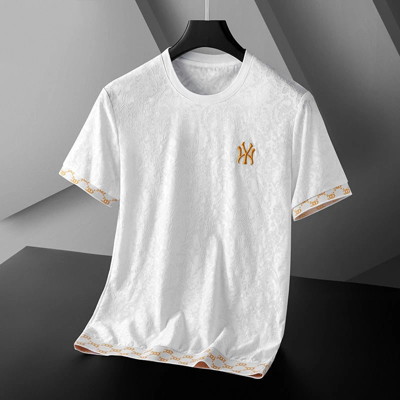 

High end luxury ice silk breathable short sleeve men's summer trend letter embroidery t-shirt men's loose large half sleeve