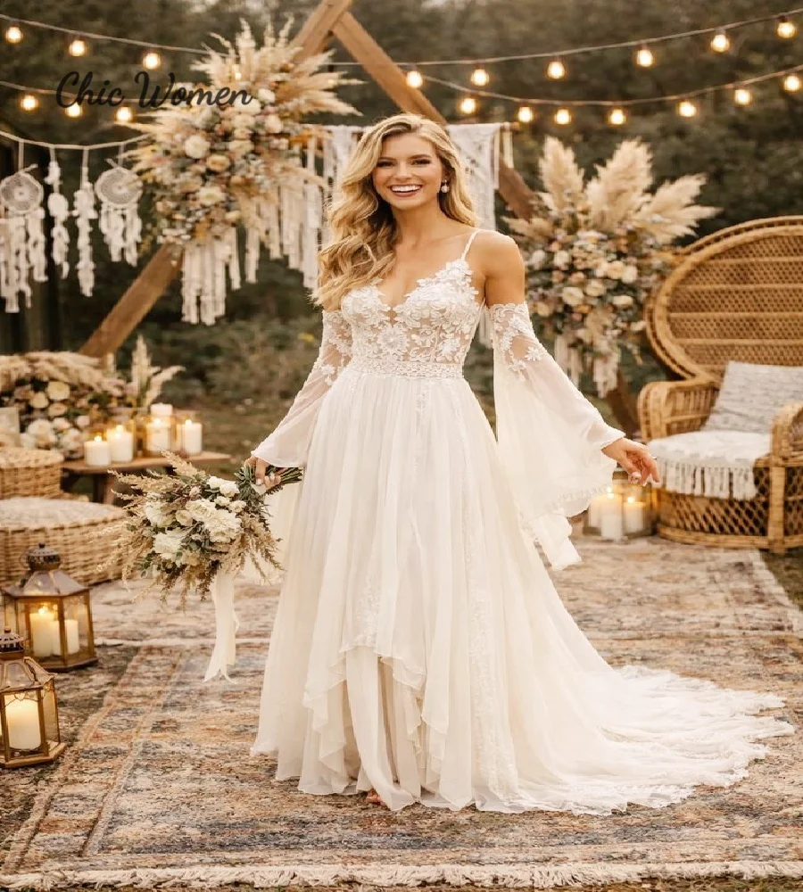 Enchanting Bohemian Wedding Dress With Flare Sleeves Rustic Country Appliques Lace Chiffon Beach Bridal Dresses
