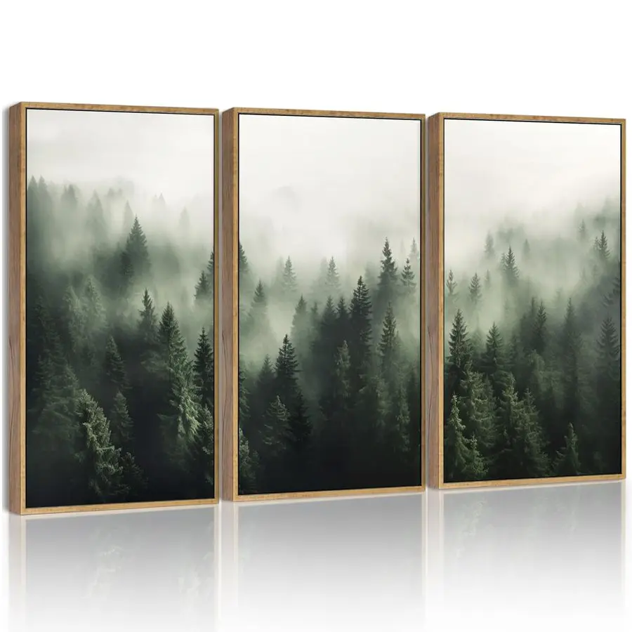 

Green Fog Pine Tree Forest Canvas Wall Art Large 16x24in Framed Nature Modern Artwork Prints Decor Natural Framed