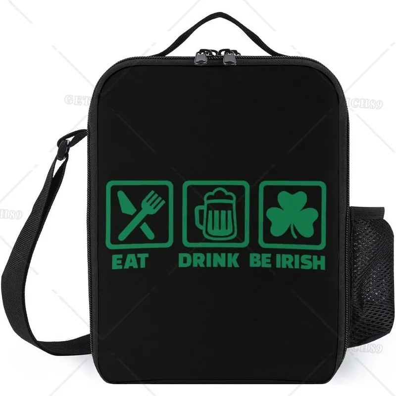 Eat Drink and Be Irish Portable Reusable Lunch Tote Bag Insulated Lunch Box for Women Men Kids School Office Work Picnic Beach