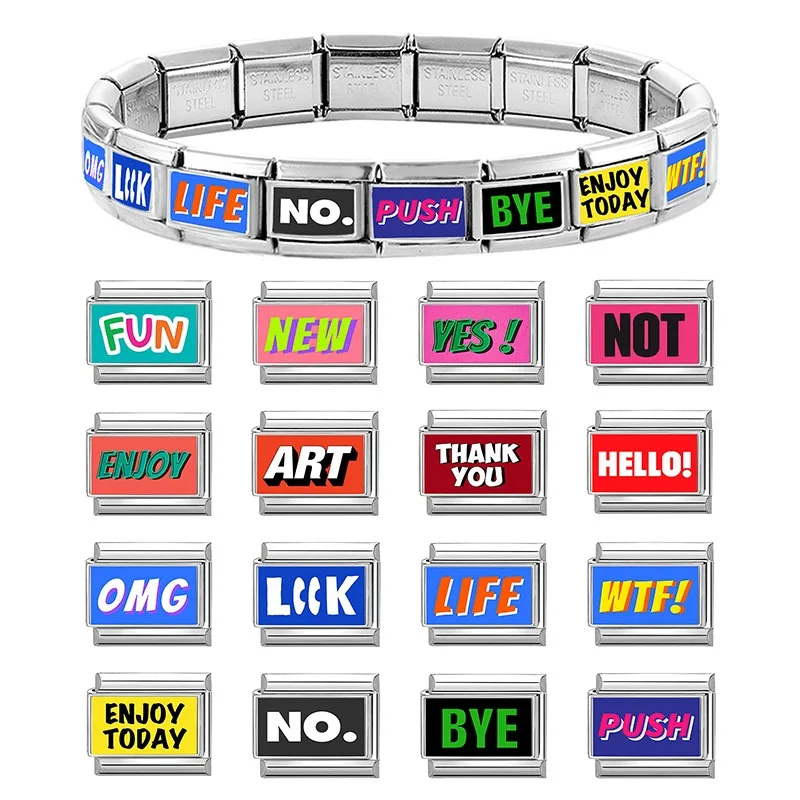 Y2K Classic Colored English Word Enjoy Toady WTF Italian Charm Link fit 9mm Stainless Steel Jewelry DIY Making Bracelet For Gift