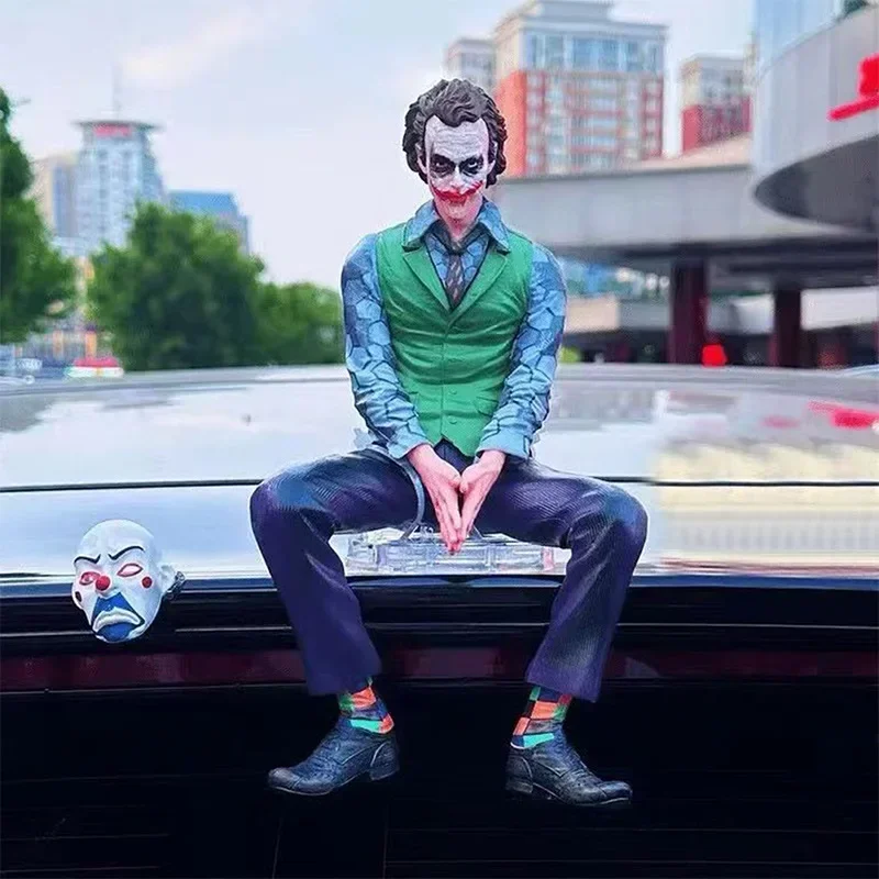 24cm New Joker Heath Ledger Anime Figures Sitting Green Suit Handheld Joker Mask Car Doll Desktop Decoration Model Gifts