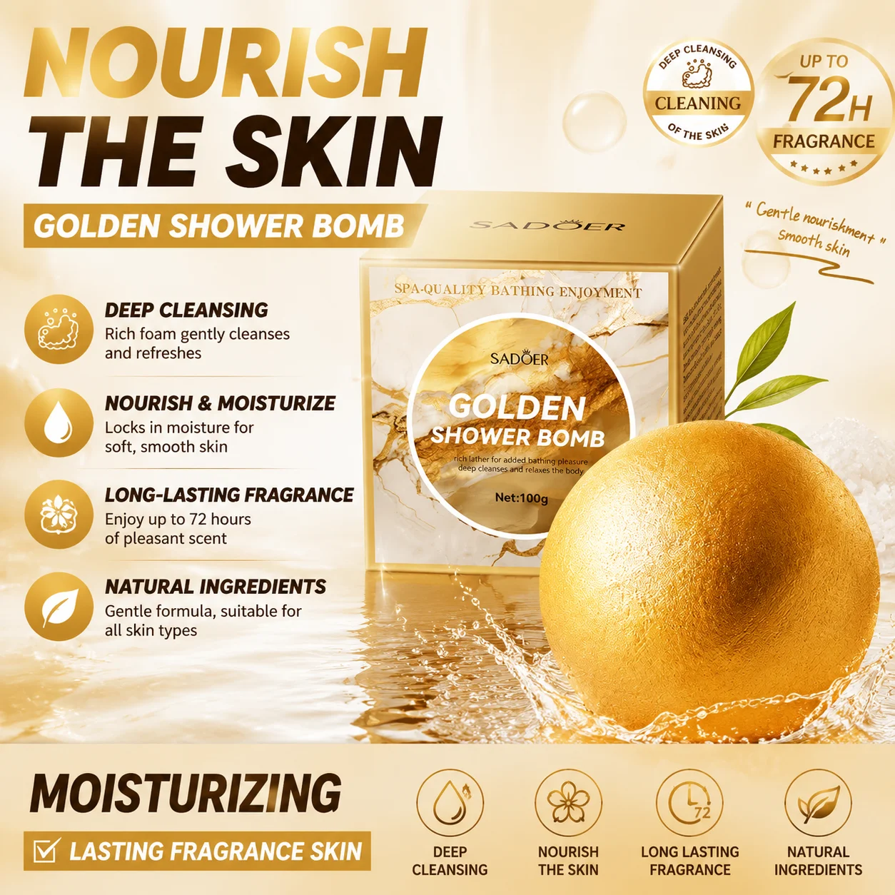 Golden Floral Bath Ball, Body Cleansing, Bath Ball, Exfoliating, Long-Lasting Fragrance, Adult and Children's Bath Salt Ball