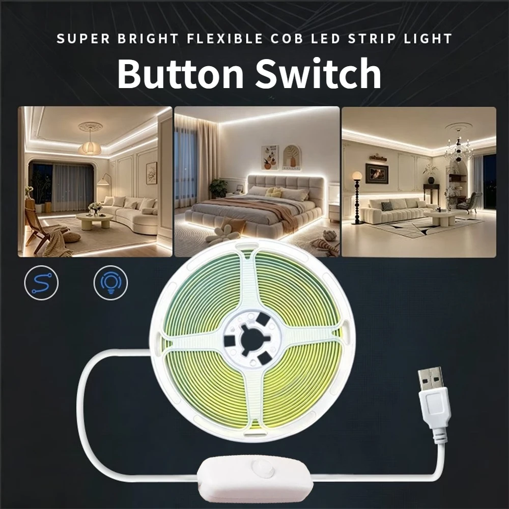 COB LED Strip Light, 1-5M USB Powered Button Switch Self-Adhesive LED Tape, 5V Cool White/Warm White Ambient Night Lamp