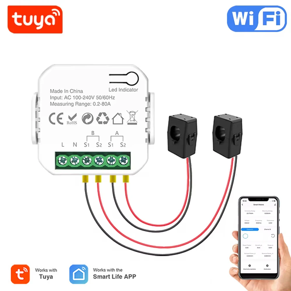 

Tuya WiFi Smart Energy Meter 80A Solar PV System Power Production Consumption Bidirectional Monitoring Meter APP Control 1/2 CT