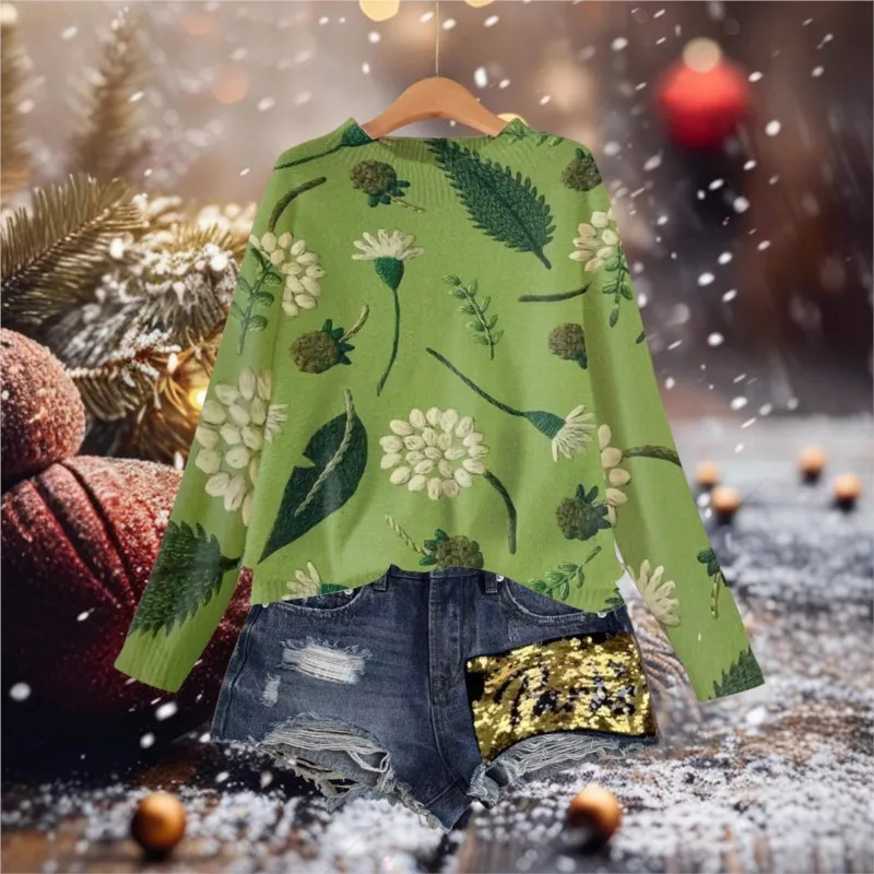 Lazy Style Casual Round Neck Pullover Sweater With Green Plant Flower Print Knit Sweater Loose Autumn/winter Sweater New Product