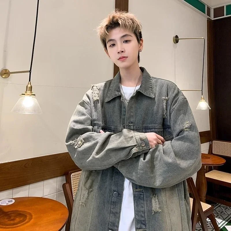 Ripped Retro Denim Jackets Man Lowest Price Cheap Stylish Korean Popular Clothes Washed Original Designer Cowboy Coat for Men