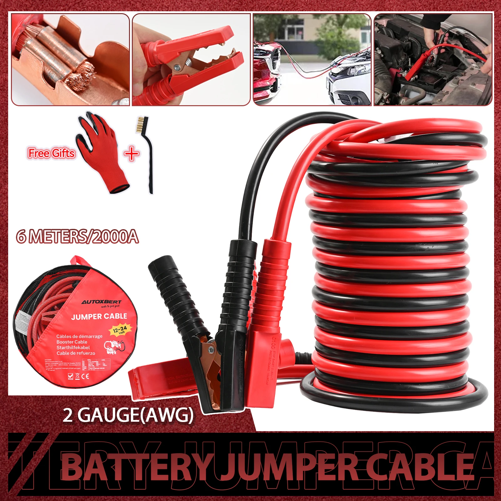 6m 2000AMP Jumper Start Lead Jump Car Battery Starter Booster Cables Heavy Duty