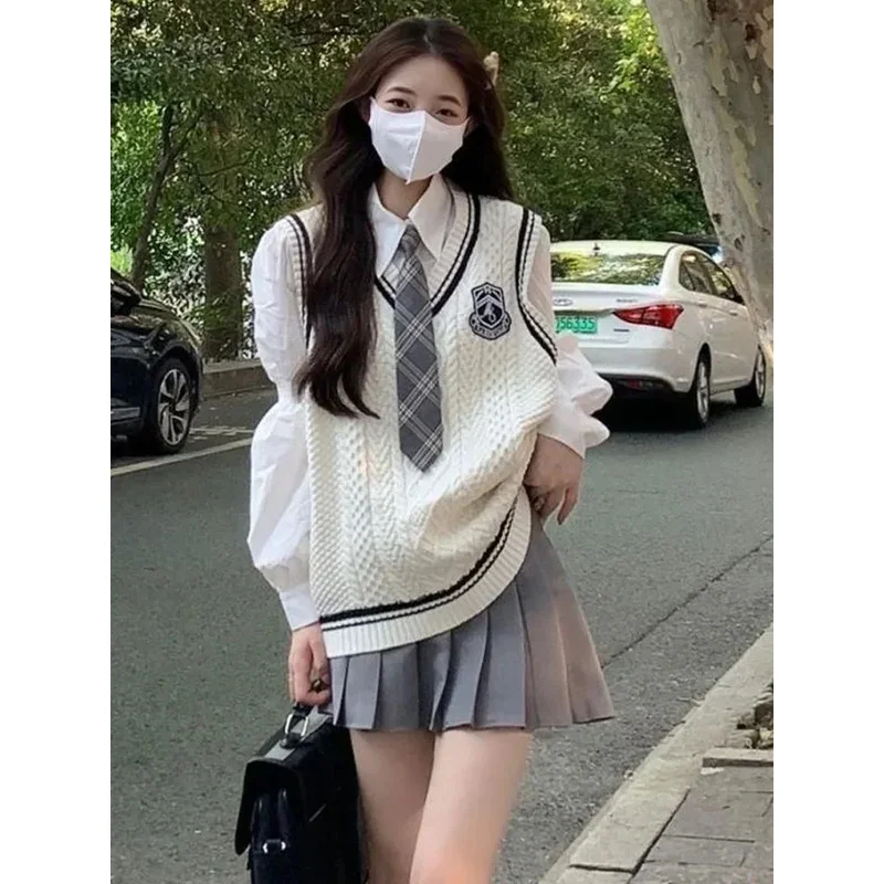 Japanese Cute School Uniform Women Korean Winter Knitting Sweater Skirt Sets V-neck Long Sleeve Jk Uniform School Girl Cosplay
