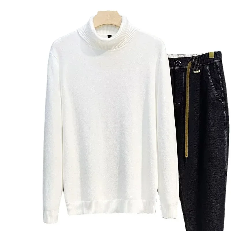 

Мужские однотонные пуловеры в полоску с воротником-стойкой, джемперы с длинными рукавами, плоский вязаный облегающий повседневный стандартный шерстяной зимний свитер 2025 г.