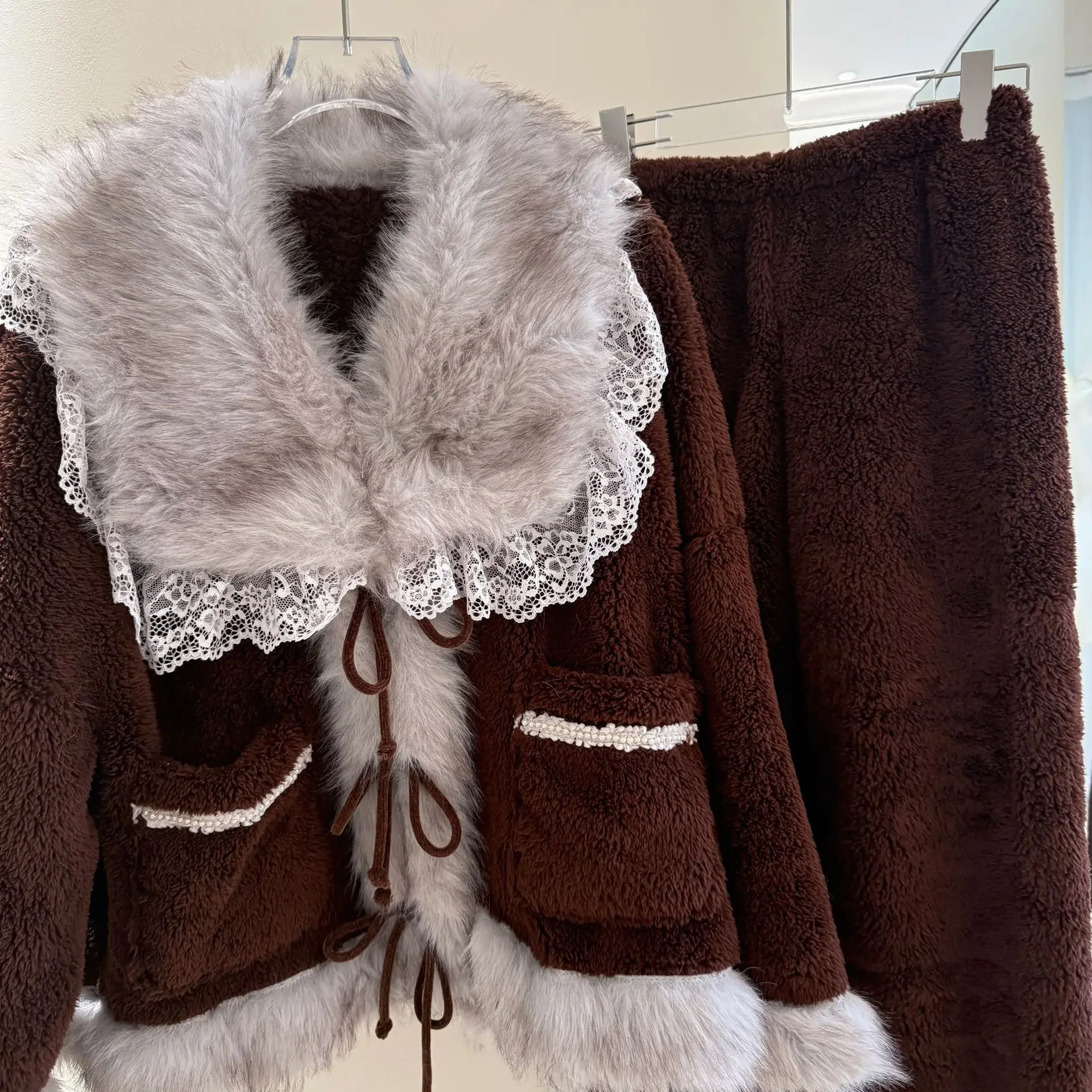 

Теплая пижама из кораллового флиса, пальто, брючный комплект, модная плотная одежда для сна, зимняя домашняя одежда с меховым воротником, одежда для дома, повседневная пижама Mujer