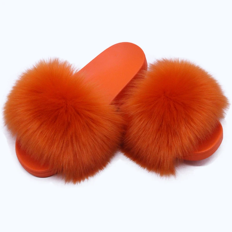 Summer Women Imitation fox fur Slippers Fluffy  Slides Female Furry Outside Flat Flip Flop Ladies Rainbow Slip On Sandals