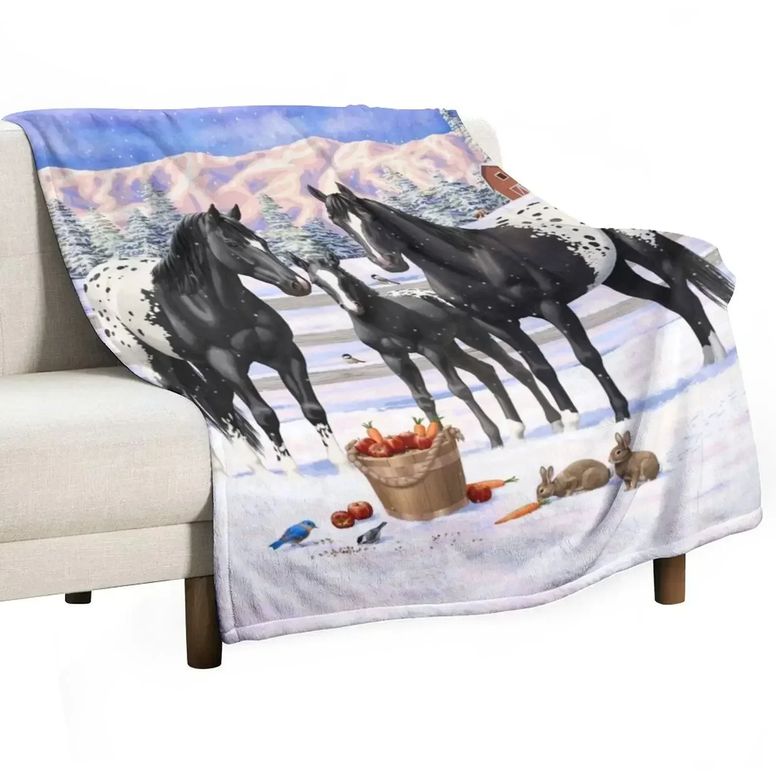 

Black Appaloosa Horses In Snow Throw Blanket Warm Throw Blanket Gift for Anniversary