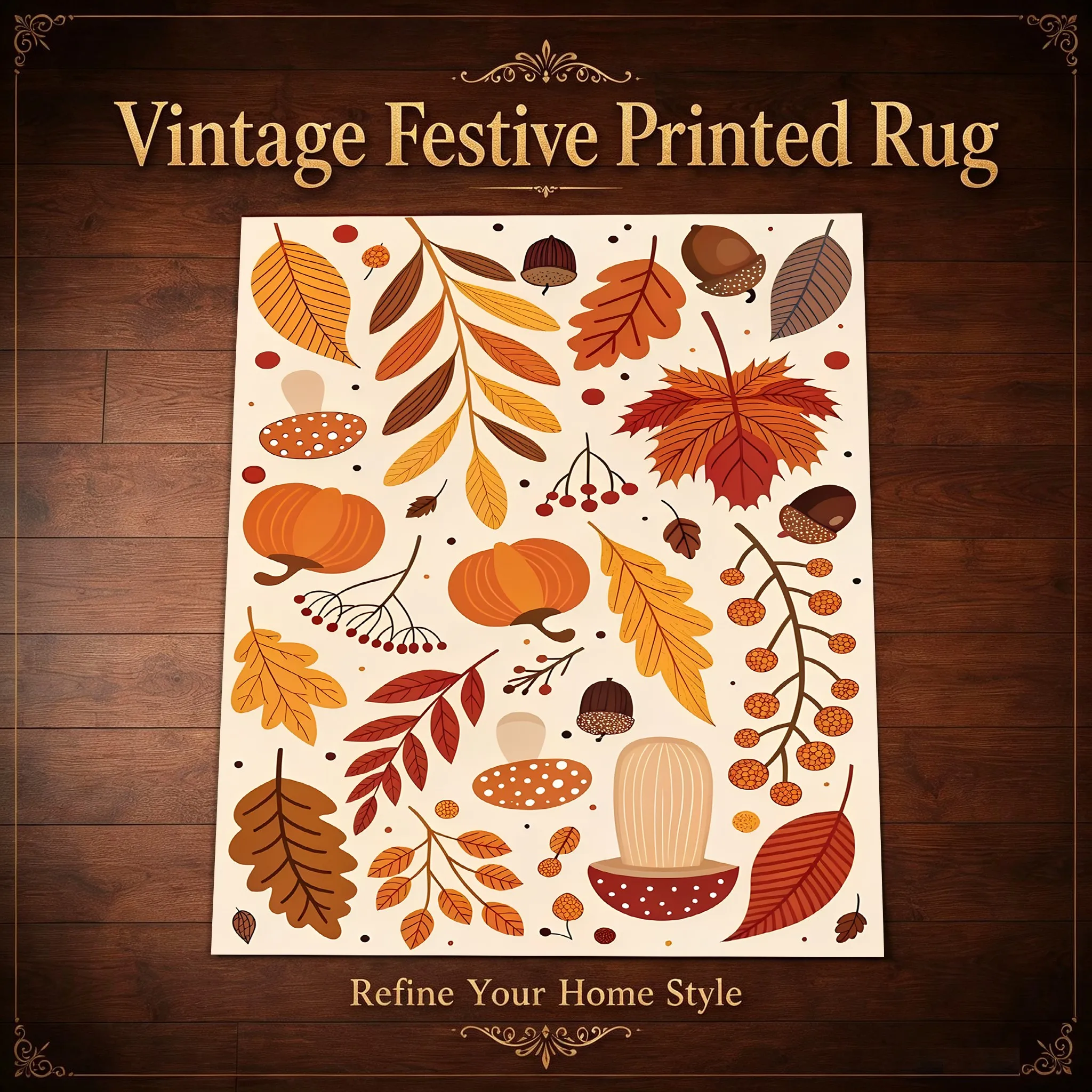 Pumpkin Maple Leaf Acorn Autumn Illustration Childlike Thanksgiving Velvet Rug for Living Room, Bedroom, Bedside, and Entryway