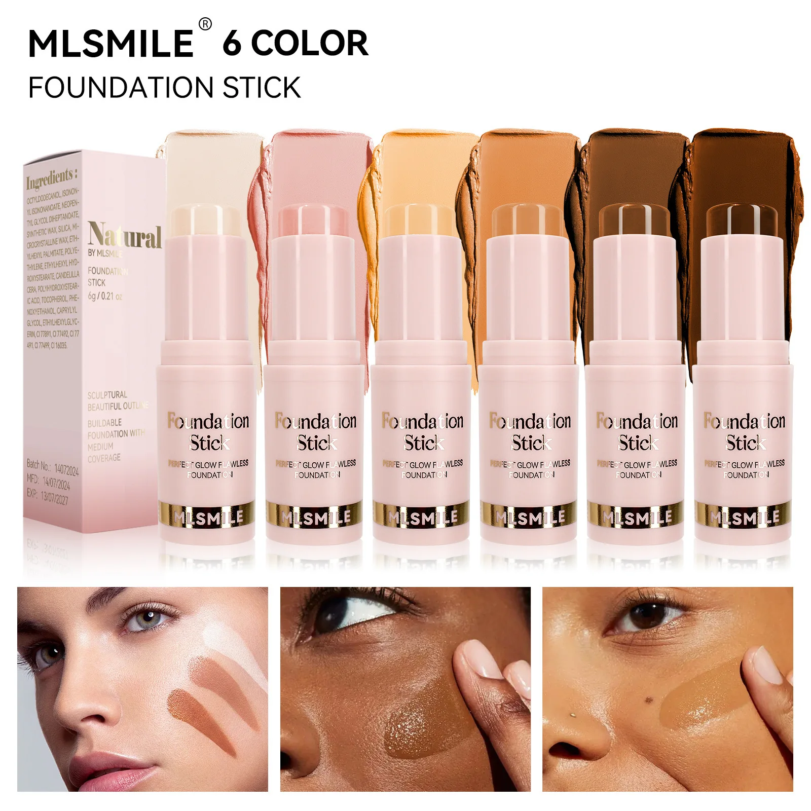 Djbs 6 Kleuren Foundation Make-Up Stick Waterdicht, Zweetbestendig, Verhelderend, Concealer Stok Licht En Matte Vloeibare Foundation