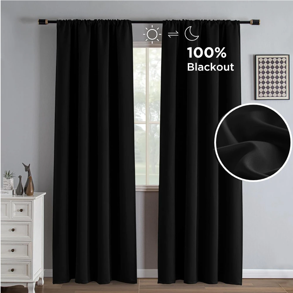 Black Blackout Curtain Blinds Solid Light Reducing Thermal Insulated Window Treatment Blackout Drapes/Draperies for Home Bedroom