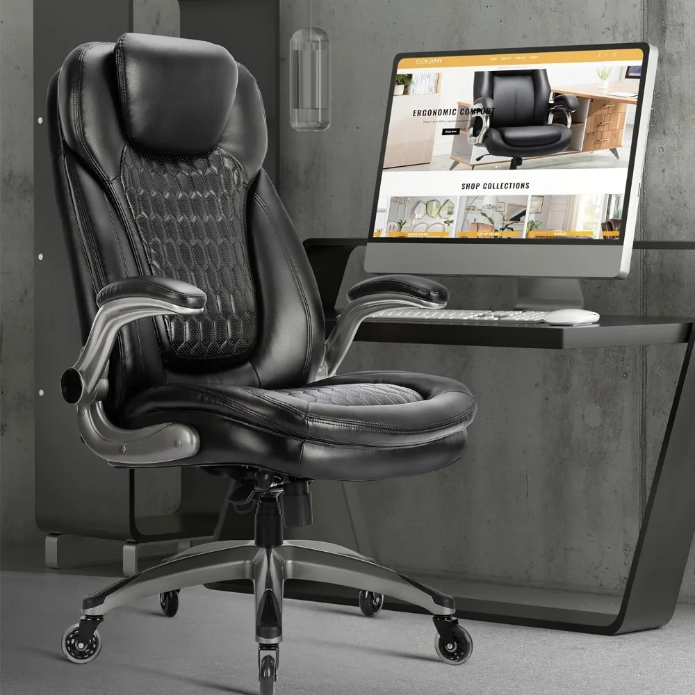 

Ergonomic office desk and chairs with thick seats, comfortable, high back executive chair, with soft cushioned flip armrests