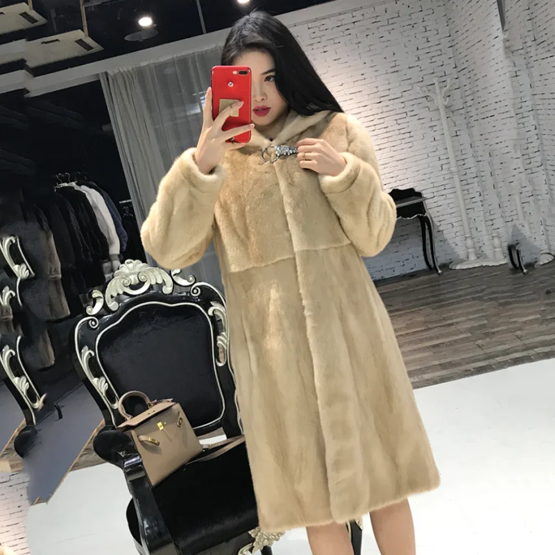 

2024 New Real Natural Mink Fur Women Long Coat With Hood Winter Slim Warm Plus Size Whole Mink Fur Jacket