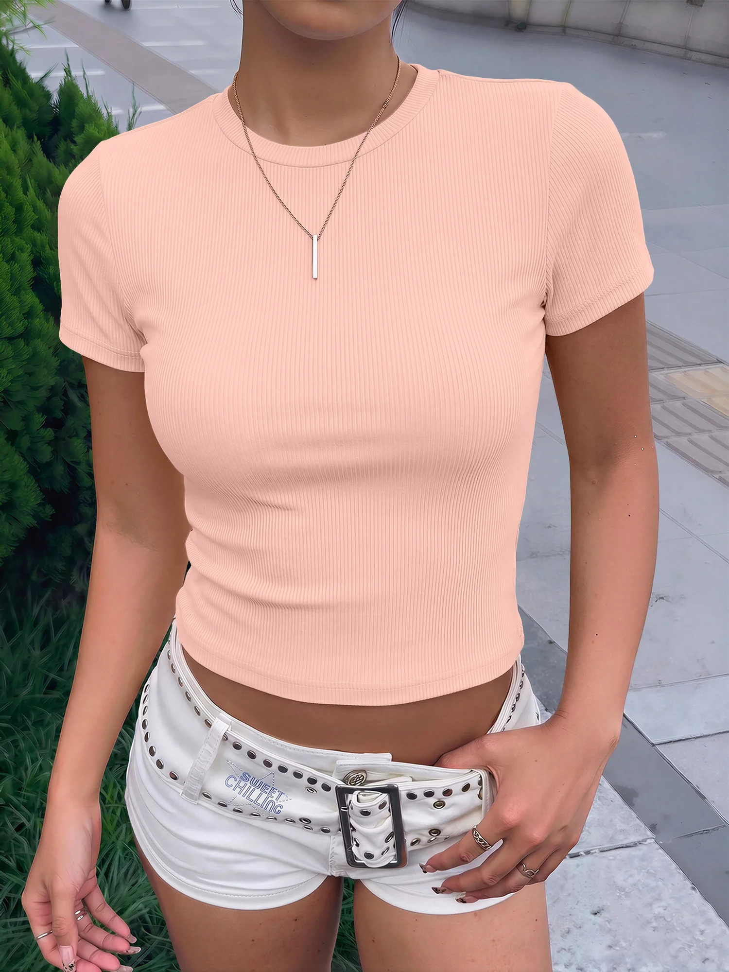 Effortless Summer Ribbed Slim Crop Blouse, Lightweight Short‑Sleeve T‑Shirt for City Walks & Café Visiting Plans