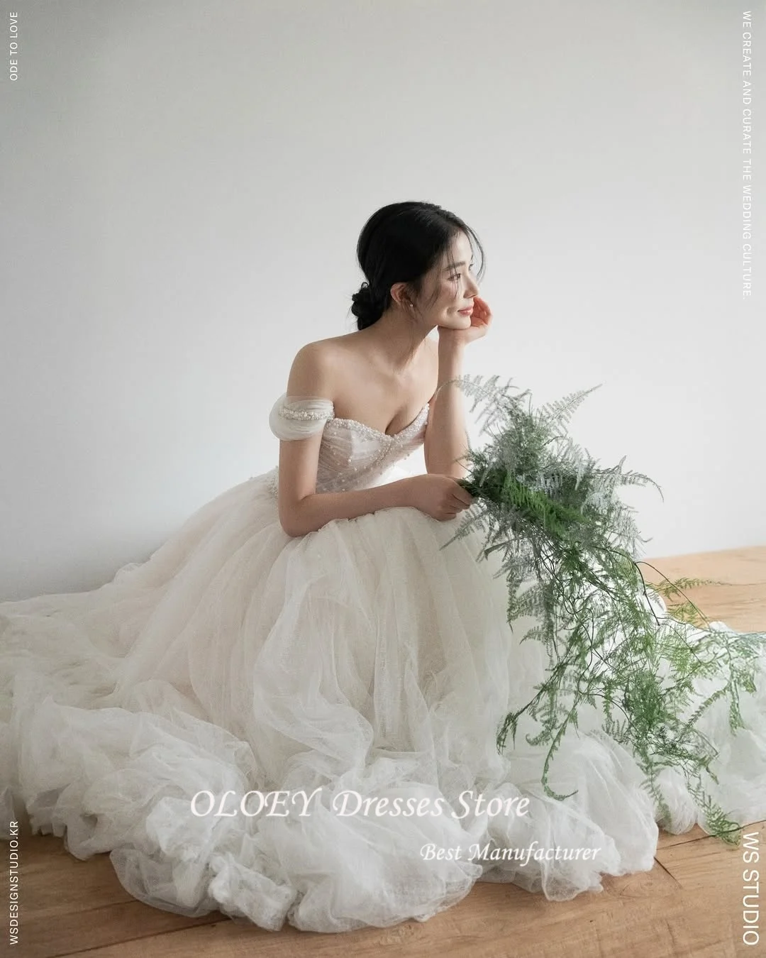 OLOEY Classic 웨딩드레스 Off Shoulder A-line Korea Wedding Dresses Beaded Pearl Tulle Pleat Corset Bridal Gowns Customized