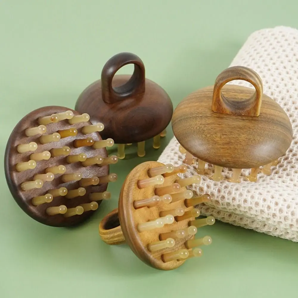 

Массажер для кожи головы из овечьего рога, 20/29 зубцов, ручка из сандалового дерева, антистатический массажный гребень для акупунктурных меридианов, для влажных волос