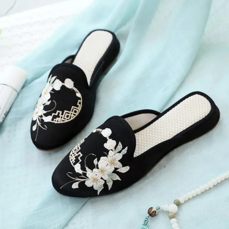 Ethnic Embroidered Satin Slippers for Women Vintage Dress Slides Female Backless Sandals, Spring and Summer Shoes