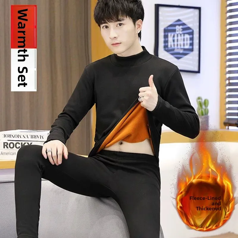 Men's Warmth Innerwear Set Fleece Lined Half High Collar mid Neck Winter Thermal Clothing Long Sleeve Slim Fit Pants And Shirt