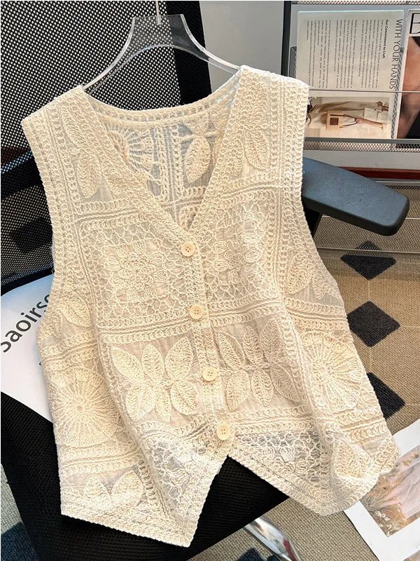 Bohemian Hollow out Thin Vest Women's Outerwear Summer Large Size Fat MM Layered Sleeveless Sweater Cardigan Top V-neck Plant...