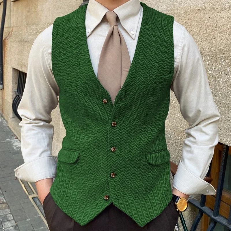 Herringbone Men Vest Waistcoat For Wedding Blue Solid Color Single Button Business Banquet Work Formal Men Suit Vest
