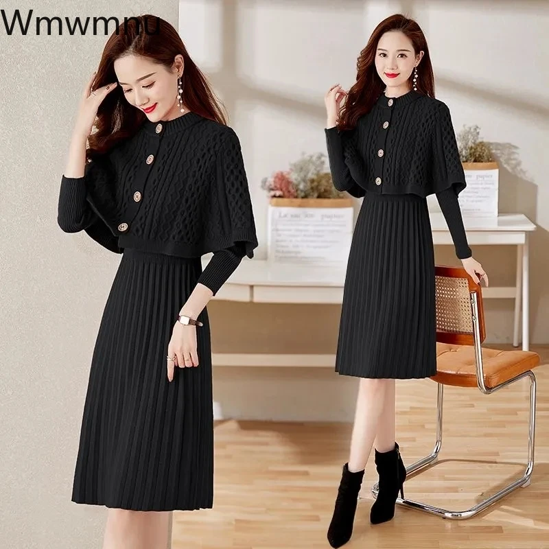 Slim Winter Sweater Dresses Suit Elegant Knitted Dress 2 Piece Sets Women Outfits Vintage Ribbed Crop Shawl + Casual Long Sleeve