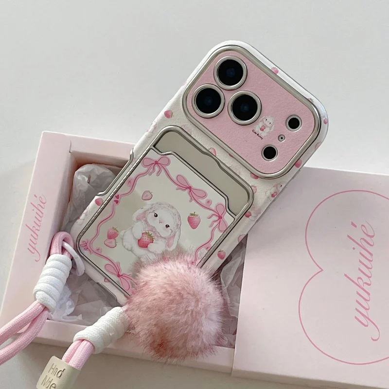 

Korean Bowknot Strawberry Rabbit Card Slot Phone Case For iPhone 17 Pro 16 15 14 Pro Max Cover with Hand Stap Leather Cartoon Ca