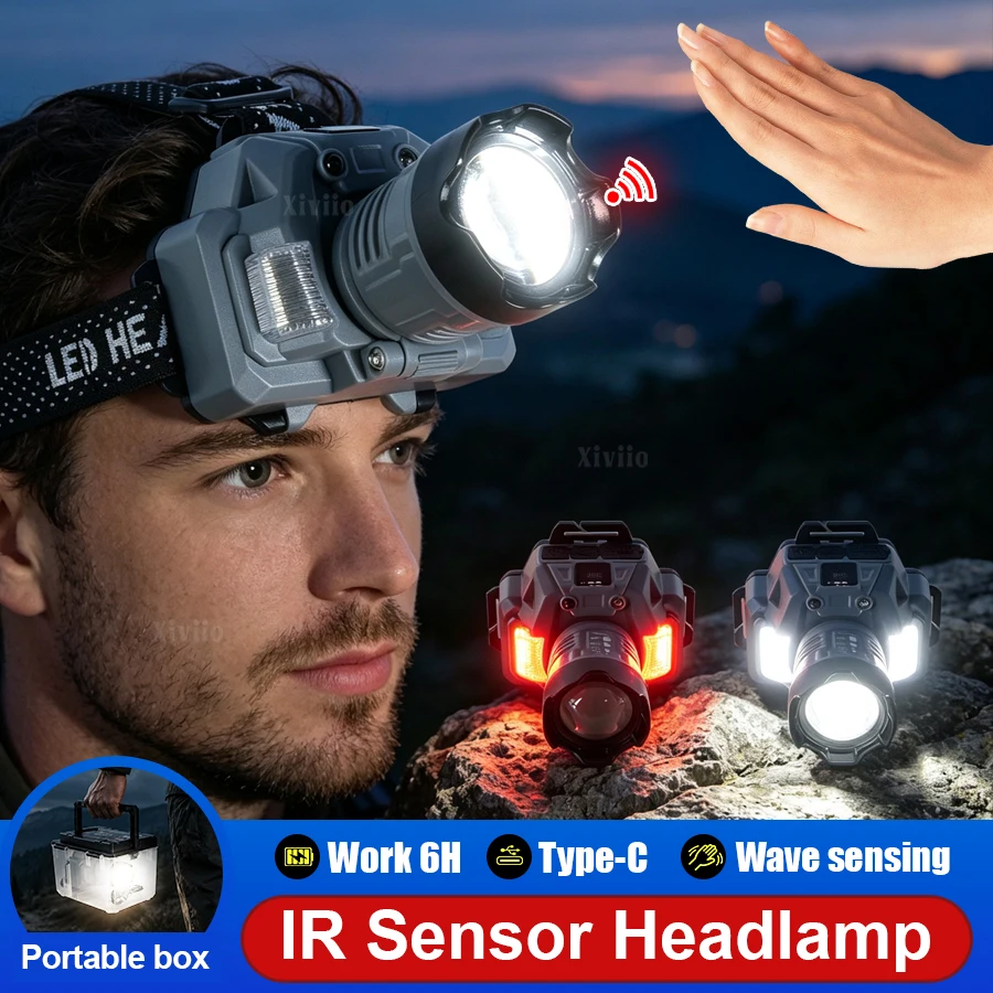 New Upgrade IR Sensor Headlamp Rechargeable LED Headlight 4 Modes Lighting High Power  Head Flashlight Type-C Fishing Lantern