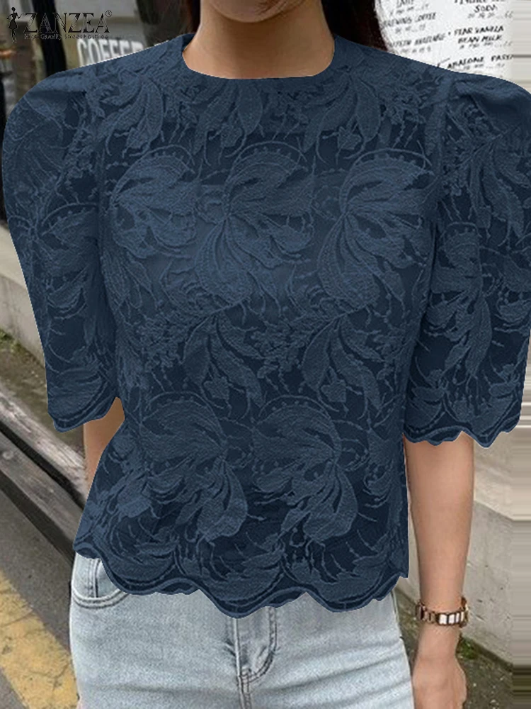 

ZANZEA Summer Office Work Shirt Women Elegant Lace Patchwork Blouse Fashion O Neck Short Sleeve Blusas Casual Holiday Tops Tunic