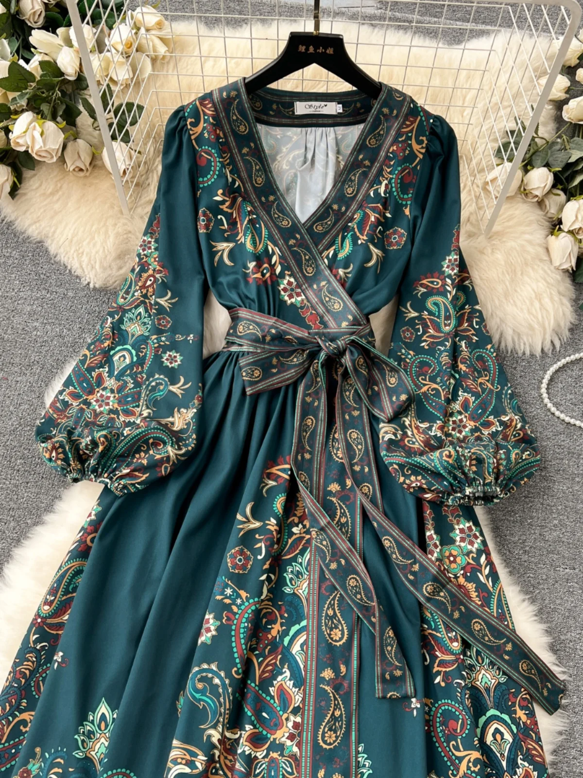 2024 New Elegant Long Dresses Vintage V Neck Satin Belt Gathered Waist Lantern Sleeve Slim Evening Party Women Dress Plus Size