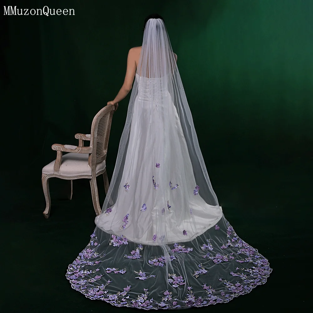 

TOPQUEEN кружевная свадебная фата в соборе, королевская элегантная мягкая фиолетовая кружевная наклейка, 1 слой, свадебные аксессуары, настраиваемые M109