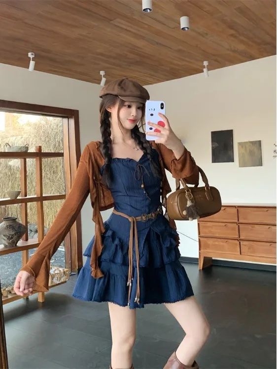 

Женское платье больших размеров: летне-осенний модный комплект с кардиганом для защиты от солнца, платье с длинным рукавом, стройнящее, скрывающее живот, на бретельках