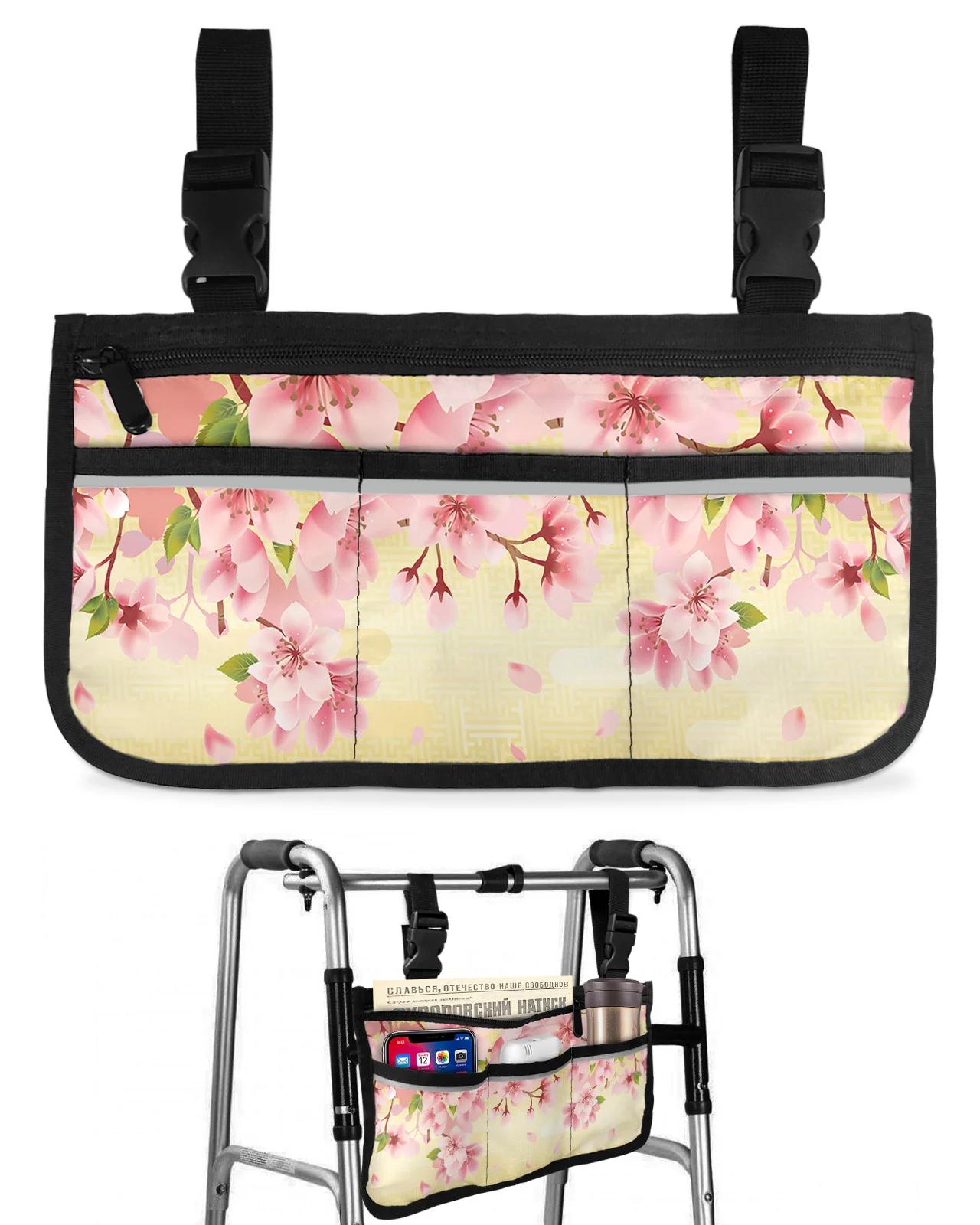 Japanese Style Sakura Texture Wheelchair Bag With Pockets Armrest Side Bags Electric Scooter Walking Frame Storage Pouch