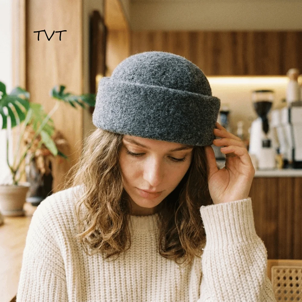 Fashion Structured Knitted Pillbox Hat Skin-friendly Non-slip Beret Solid Color Warm Fedora Hat Dinner