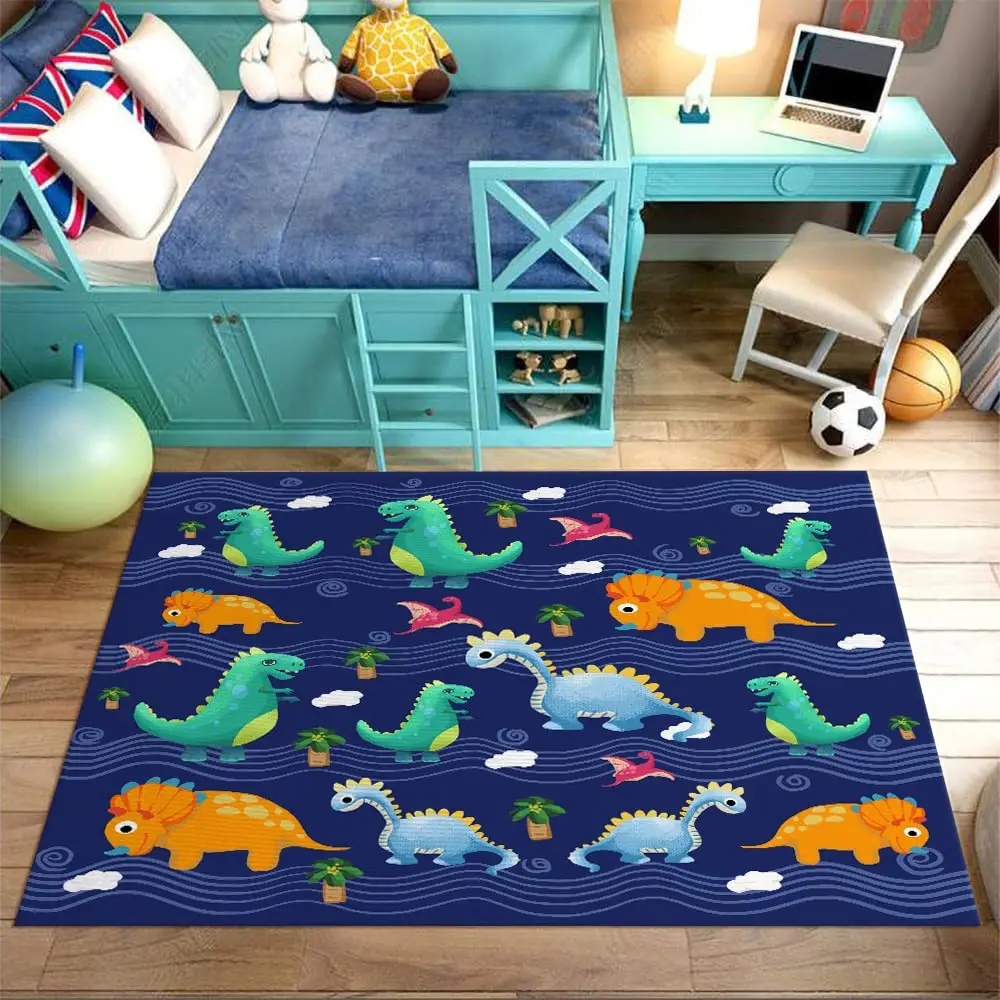 Dinosaur Theme Kids Play Carpet Boys Bedroom Rugs Cute Cartoon Dinosaur Decor Kids Area Rug Non-Slip Washable Playroom Rugs