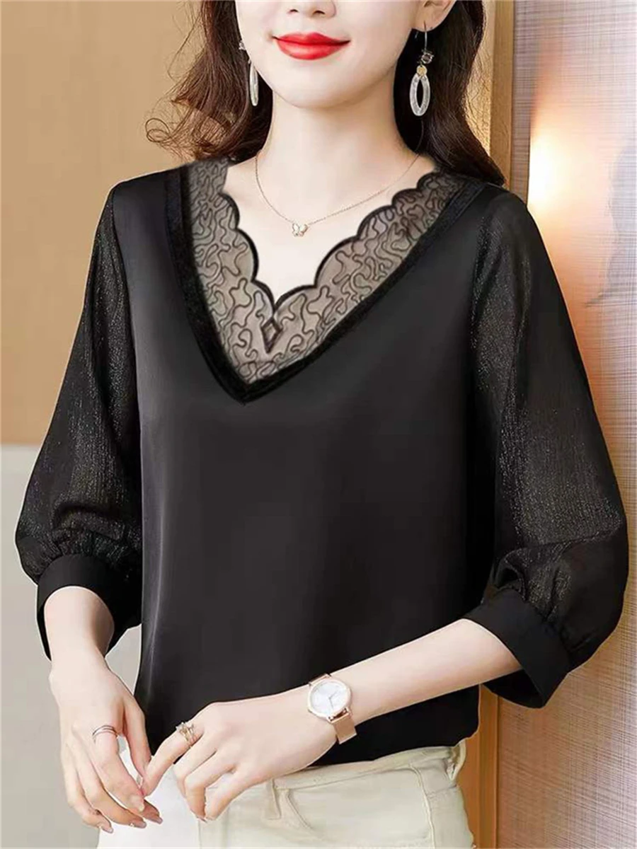 

4XL Women Spring Summer Blouses Shirts Lady Fashion Casual Half Sleeve V-Neck Collar Sexy Lace Embroidery Blusas Tops TT2500