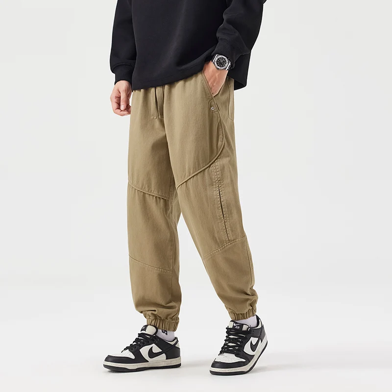 

2026, весенне-осенние новые винтажные свободные брюки-карго из 100% хлопка для мужчин, одежда, дизайн на молнии, удобные мужские брюки на шнурке